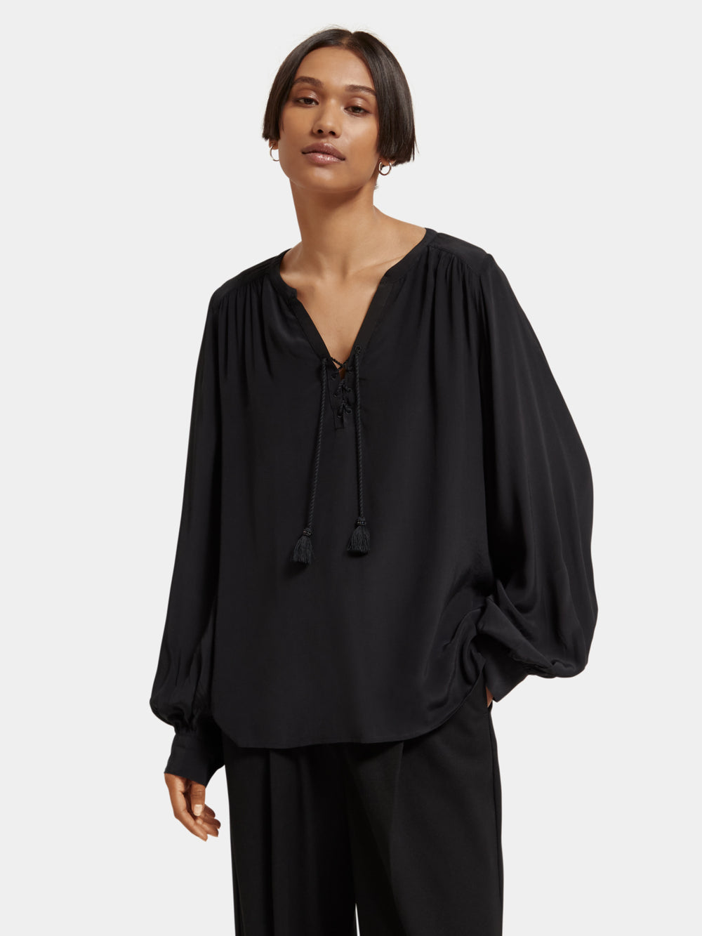 Lace-up blouse with balloon sleeves - Scotch & Soda NZ