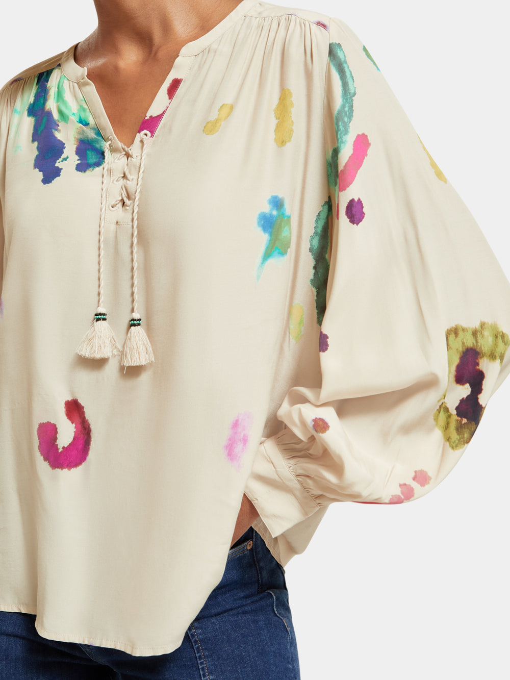 Lace-up blouse with balloon sleeves - Scotch & Soda NZ