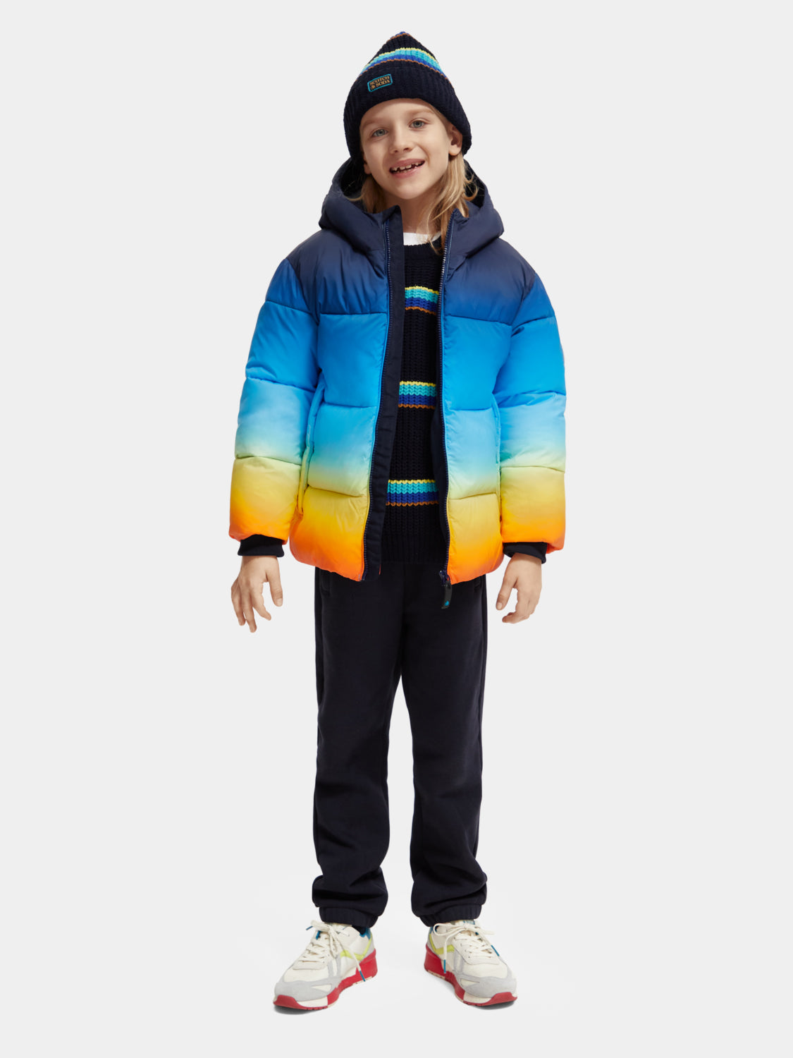 Colourful puffer jacket best sale