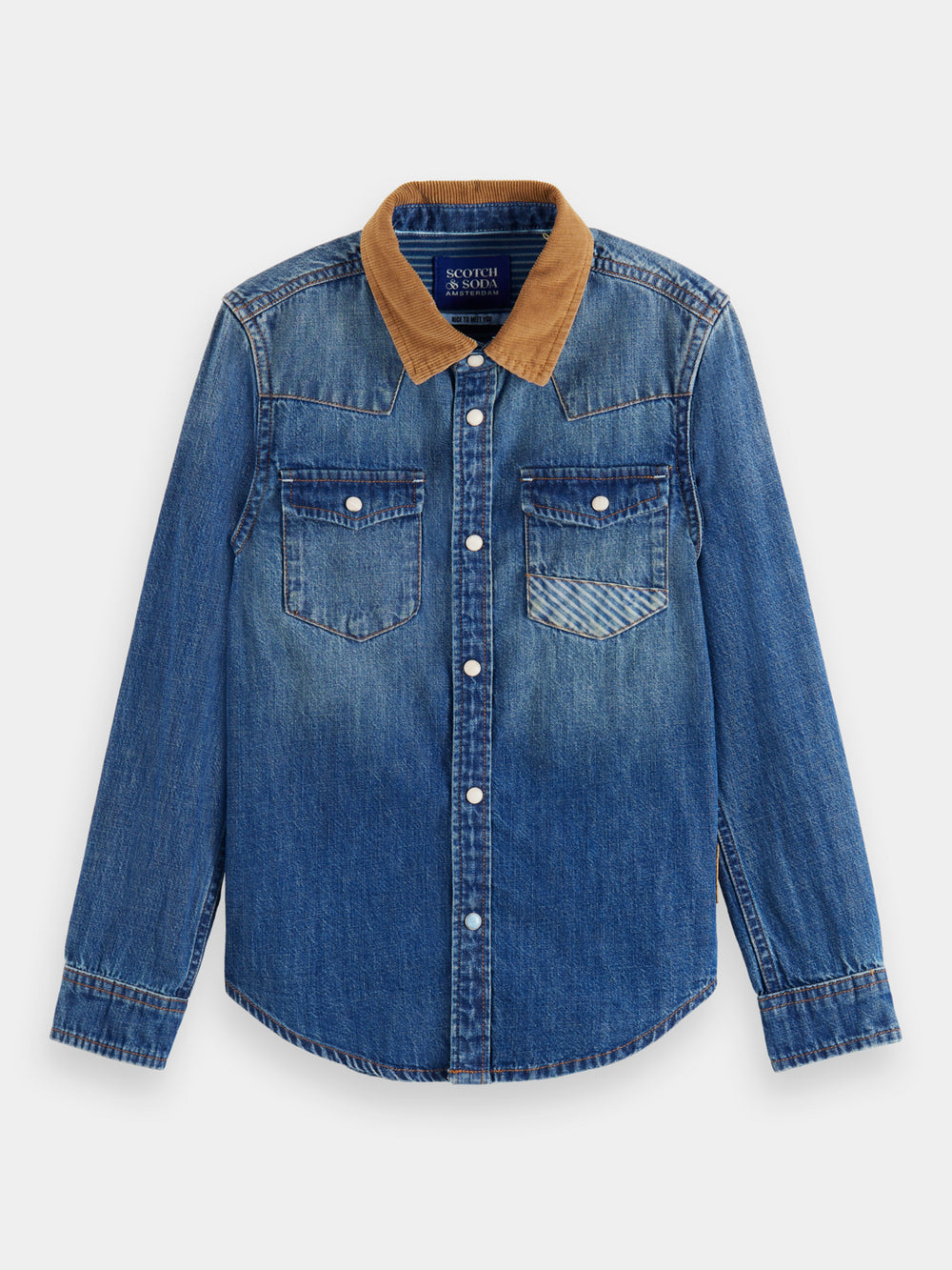 Kids - Washed denim shirt with corduroy collar - Scotch & Soda NZ