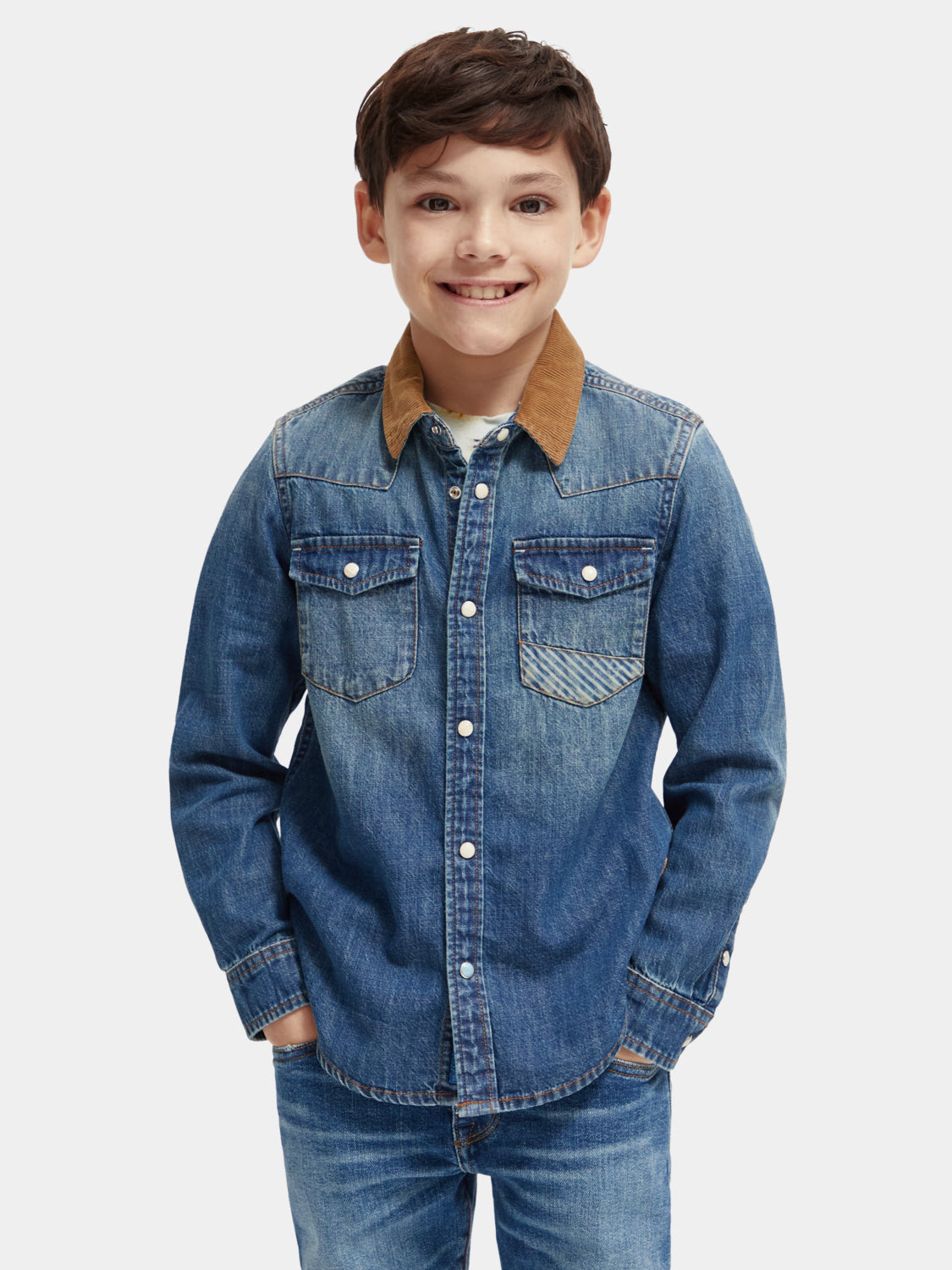 Kids Washed denim shirt with corduroy collar Scotch Soda NZ