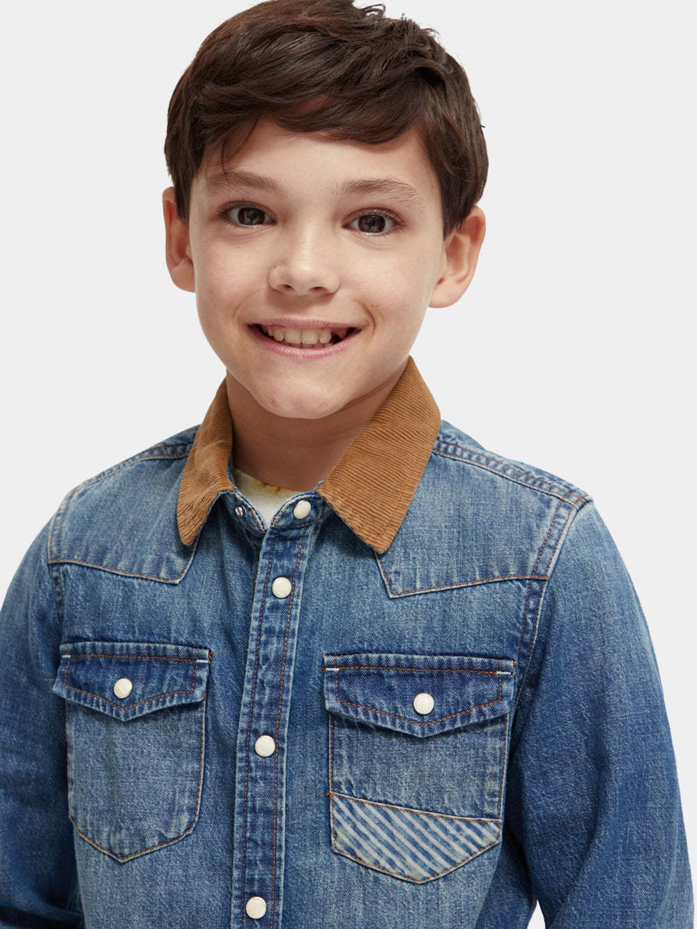 Kids - Washed denim shirt with corduroy collar - Scotch & Soda NZ