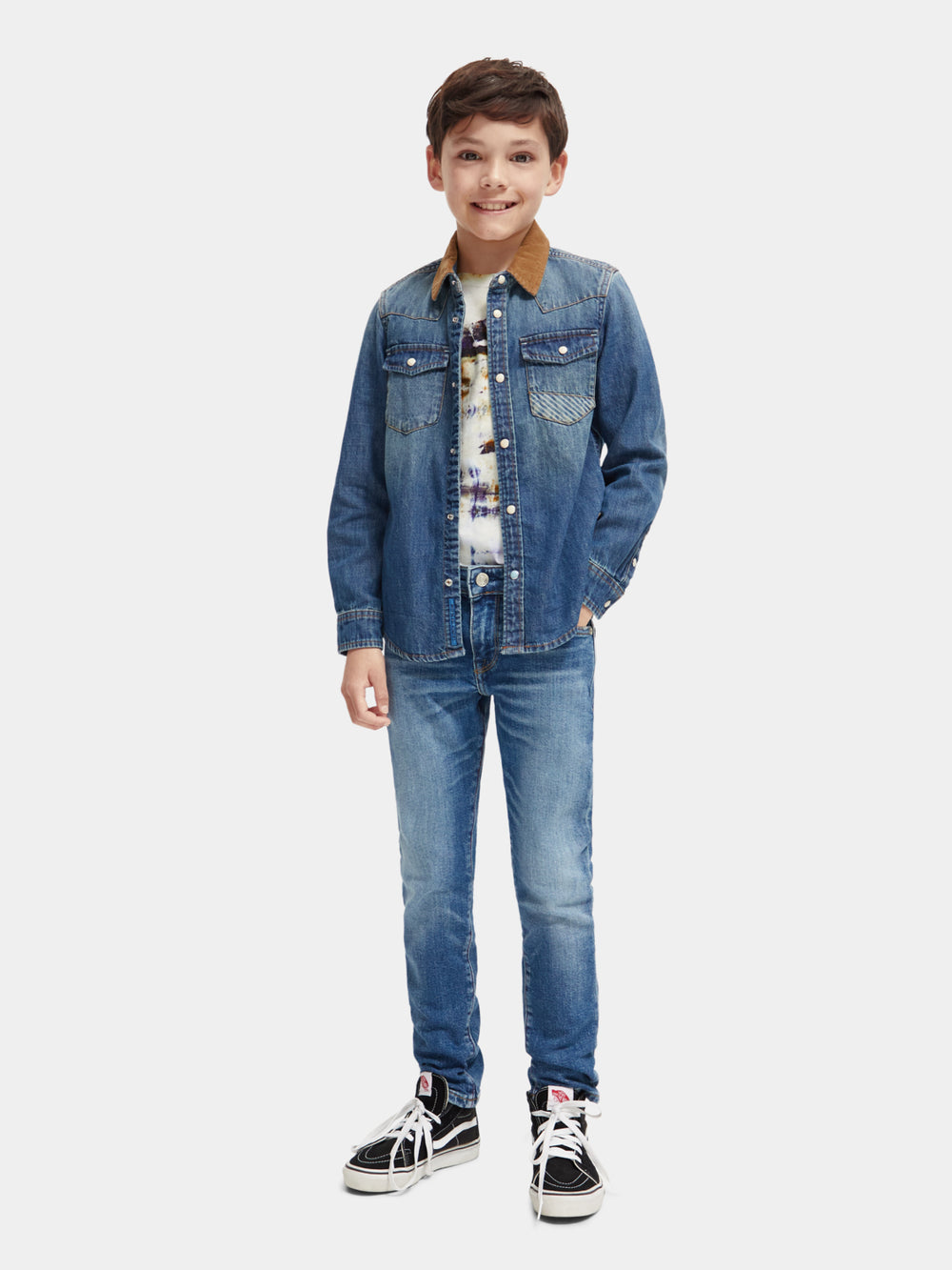 Kids - Washed denim shirt with corduroy collar - Scotch & Soda NZ