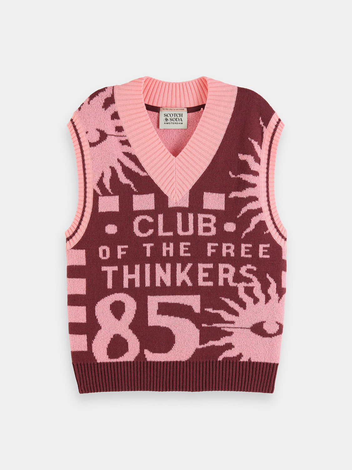 Jacquard knitted vest from Scotch & Soda featuring intricate knit patterns and a classic fit, styled as casual knitwear.