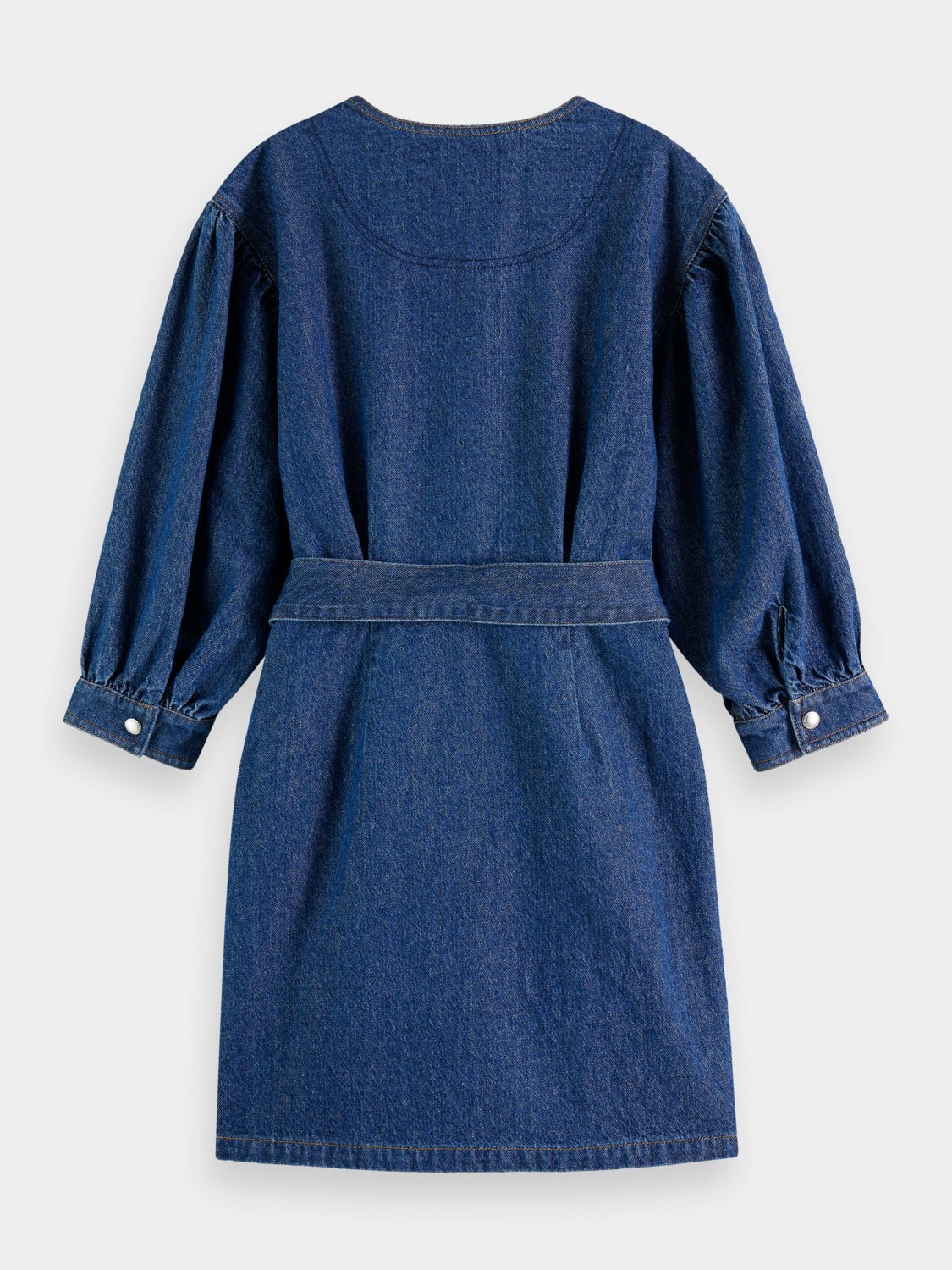 Blue belted v-neck denim dress by Scotch & Soda, sleeveless with front pockets and a casual fit, shown from the back.