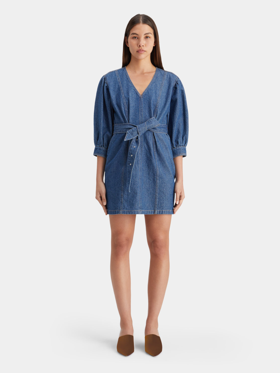 Scotch & Soda belted v-neck denim dress with short sleeves and front pockets, displayed on a hanger.