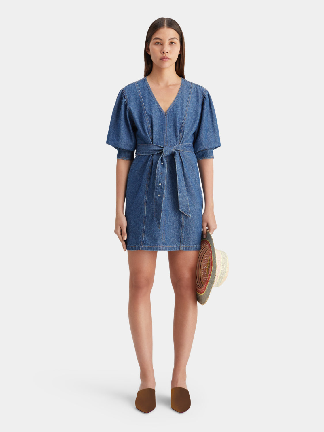 Scotch & Soda belted v-neck denim dress with front pockets and adjustable waist, casual and stylish for everyday wear.