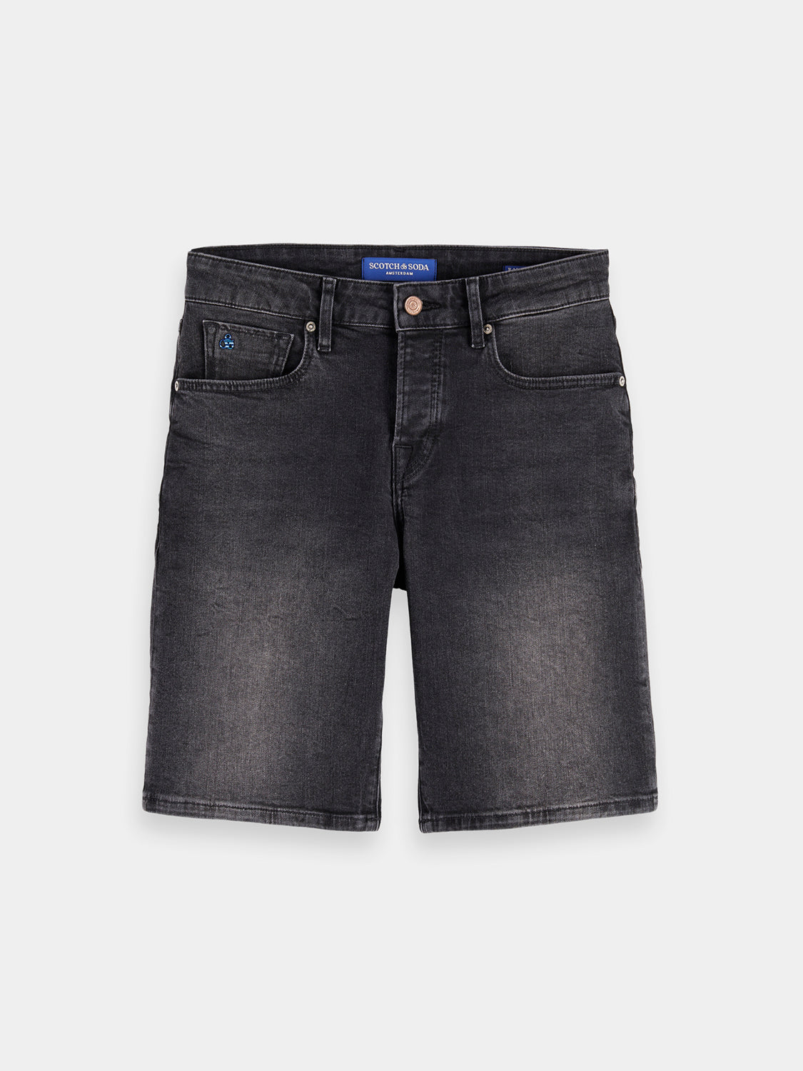 SCOTCH & SODA Ralston denim shorts showing classic blue fabric, front pockets, and rolled hems on a neutral background.