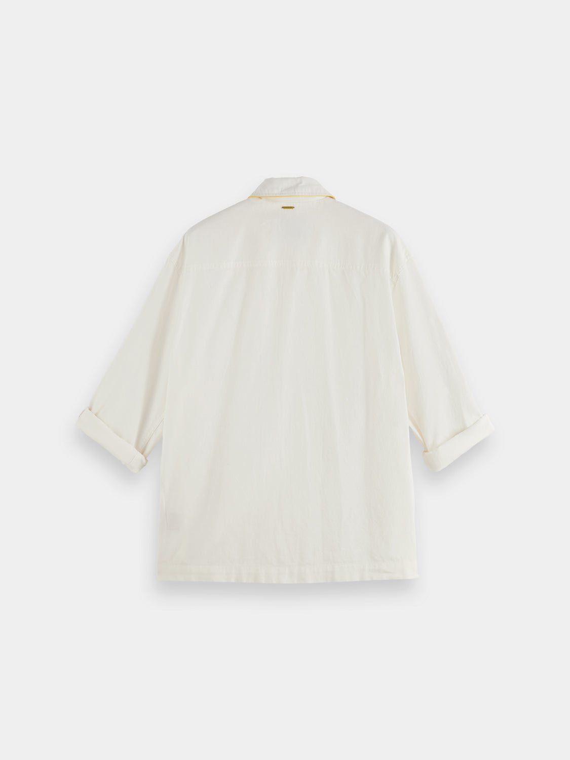 Cotton-linen overshirt jacket by Scotch & Soda displayed front view with collar and button details.
