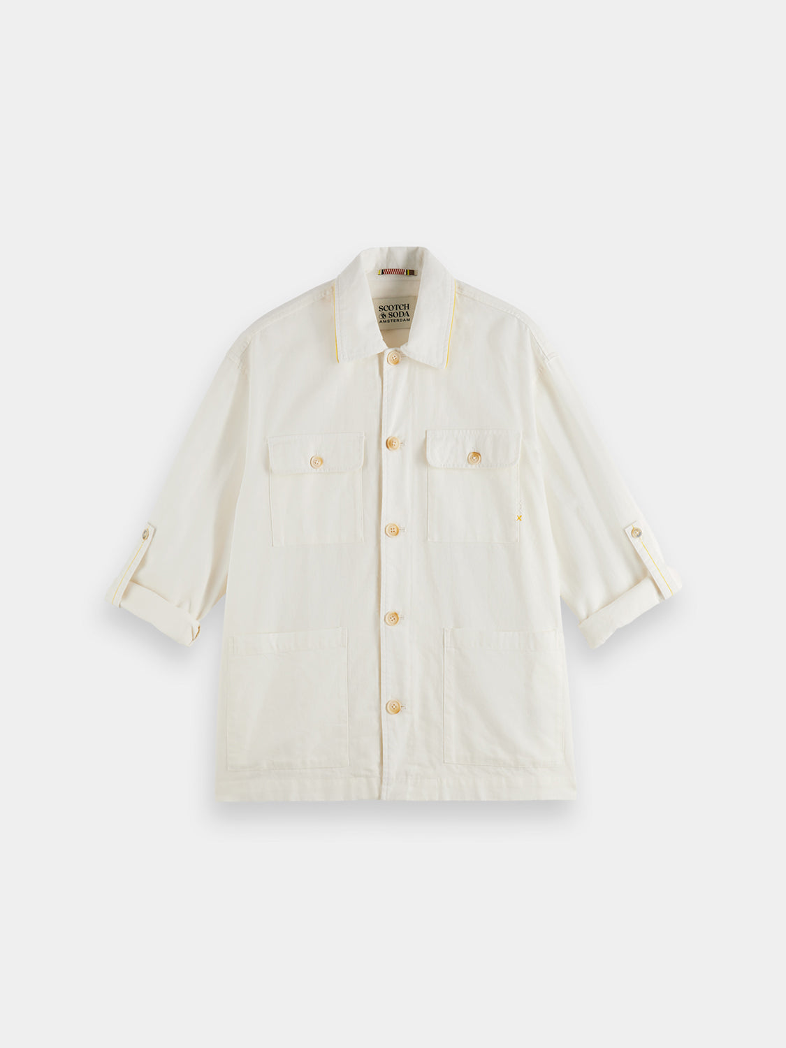 Cotton-linen overshirt jacket by Scotch & Soda featuring a casual fit, button-front, and neutral fabric in a close-up view.
