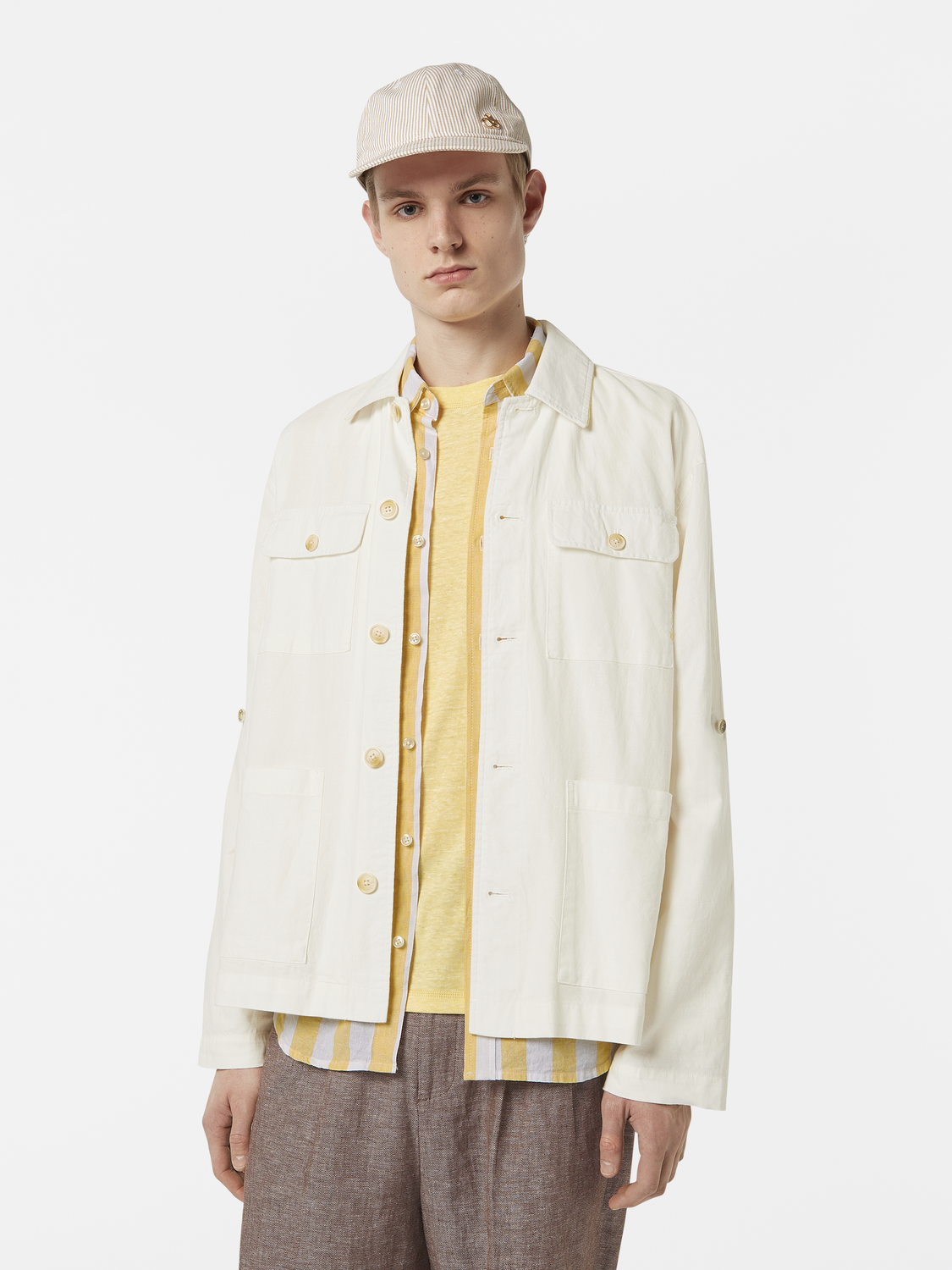 Scotch & Soda cotton-linen overshirt jacket in neutral tones, featuring a relaxed fit and button-front design.