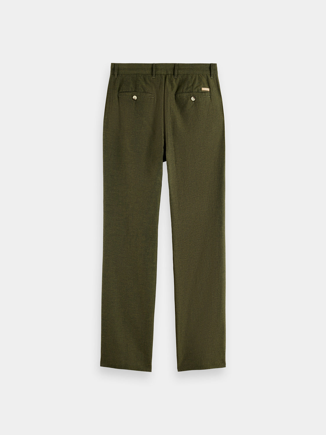 Back view of Scotch & Soda Otis straight-fit chinos showing classic beige pants with pockets and belt loops.