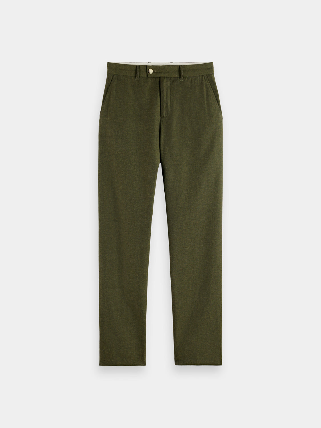 Scotch & Soda Otis straight-fit chinos pants in a neutral color, showcasing front view with pockets and belt loops.