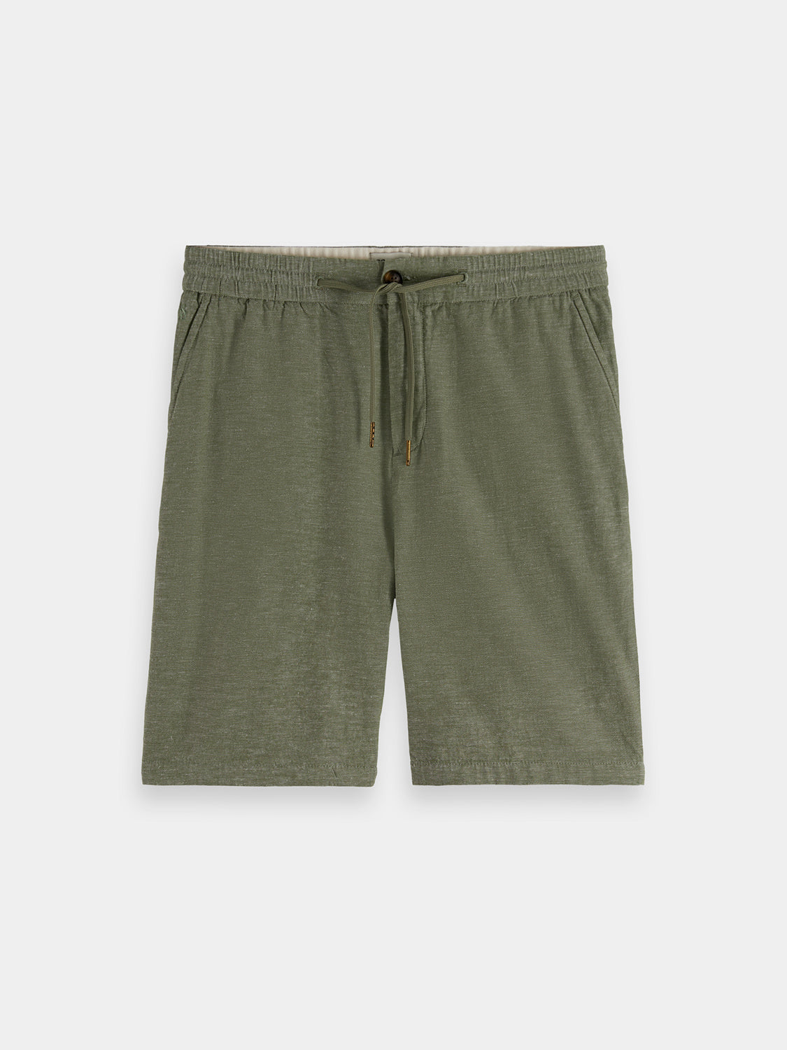 SCOTCH & SODA Fave cotton-linen shorts shown on a hanger with a neutral background, highlighting the casual summer style.