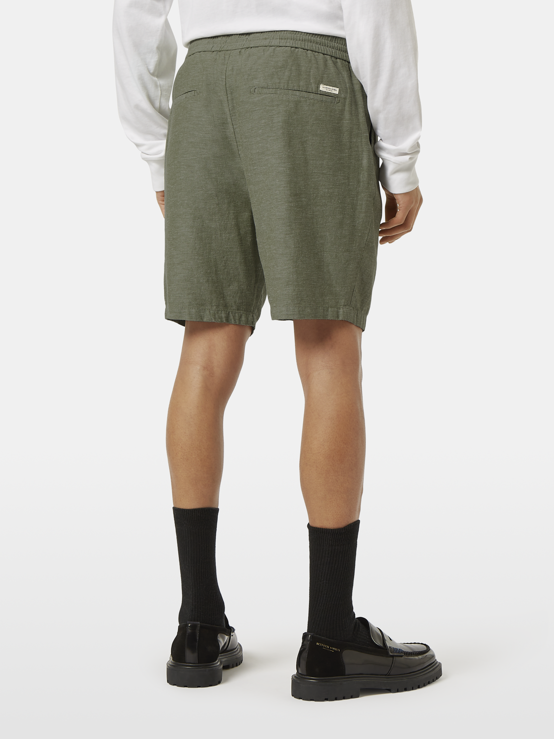 SCOTCH & SODA Fave cotton-linen shorts shown from back, featuring a relaxed fit and casual style in neutral colors.