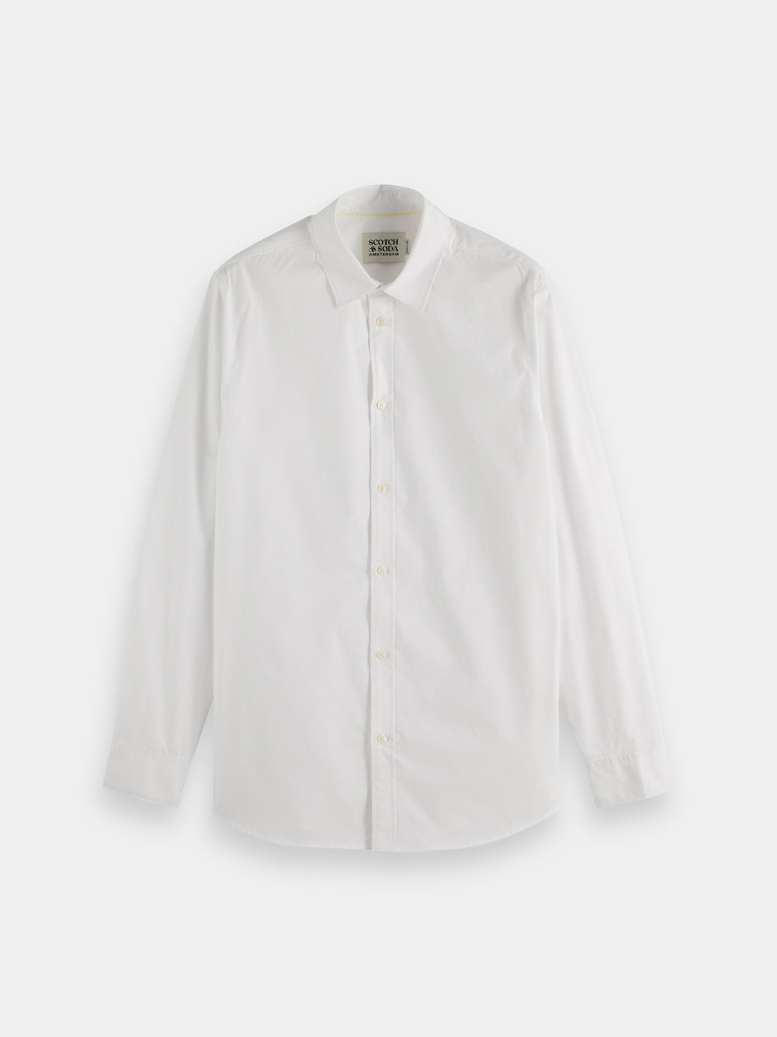 Long sleeve regular-fit shirt by Scotch & Soda, showcasing the front view with a classic collar and button details.