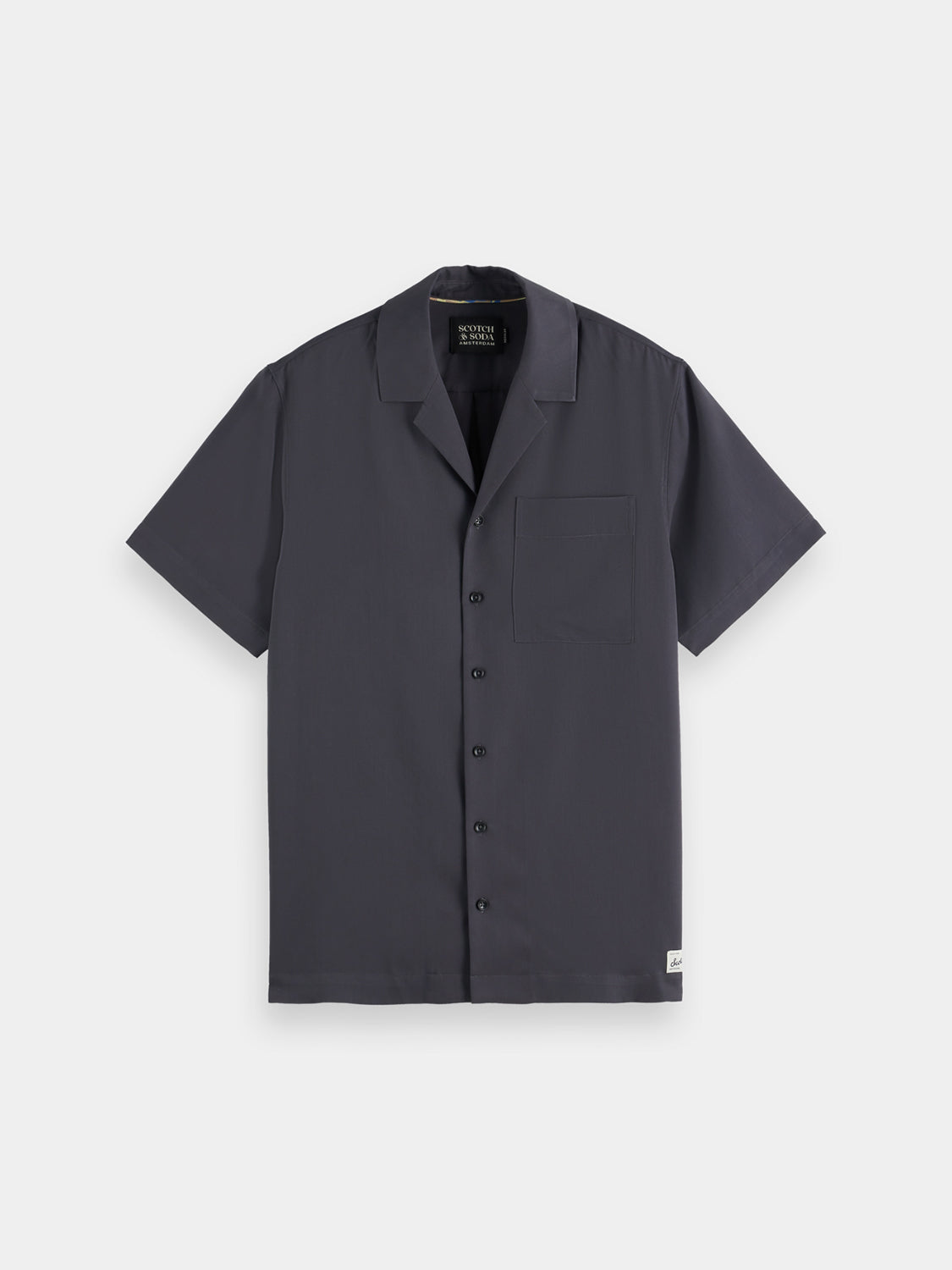 Light beige Scotch & Soda short-sleeved sateen shirt with a collar and button closure, displayed on a hanger.