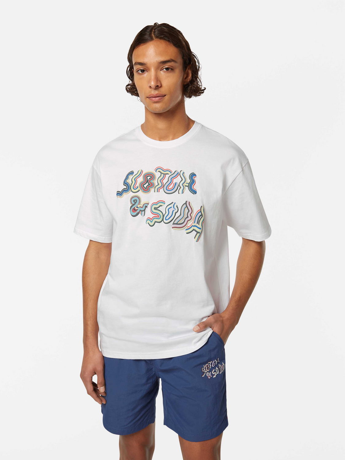 Short sleeve Scotch & Soda graphic logo t-shirt with bold print on front, casual fit, and soft cotton fabric.