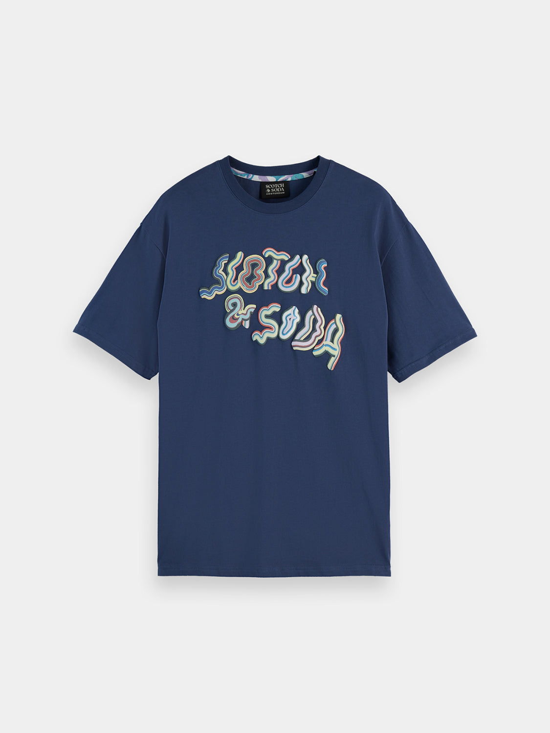 White short-sleeve T-shirt with graphic logo from Scotch & Soda, casual men's fashion tee with bold front design