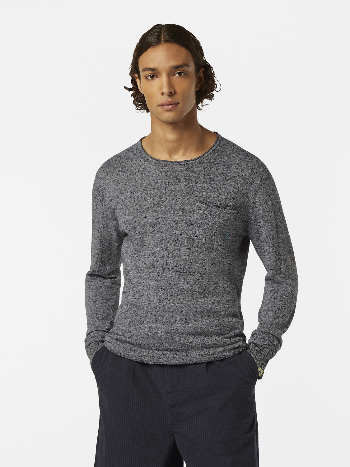 Linen-blend knitwear pullover by Scotch & Soda, showing a close-up of the textured fabric and classic crew neckline.
