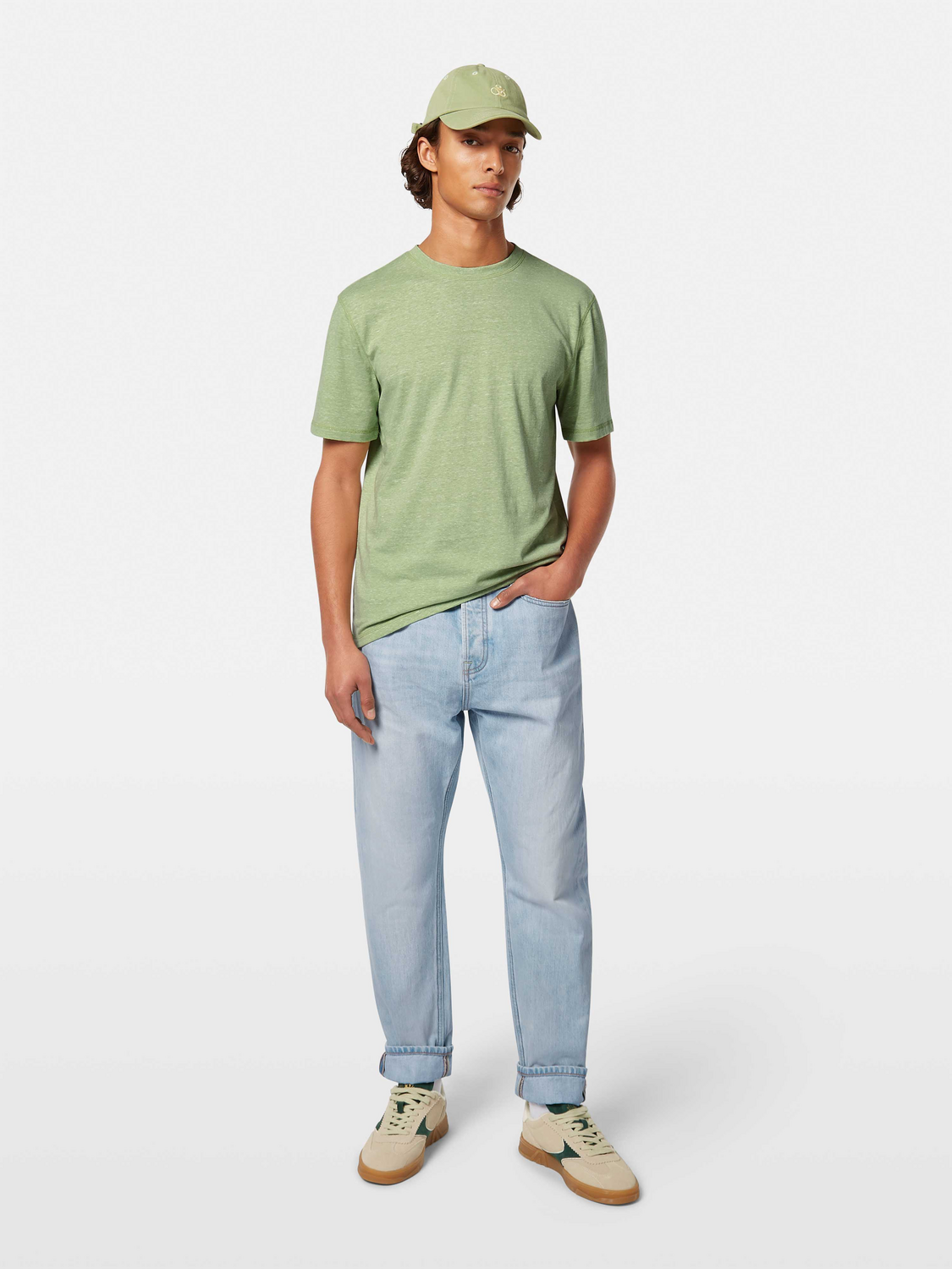 SCOTCH & SODA Dean tapered denim jeans, front view showing classic blue denim with tapered fit and subtle stitching details.