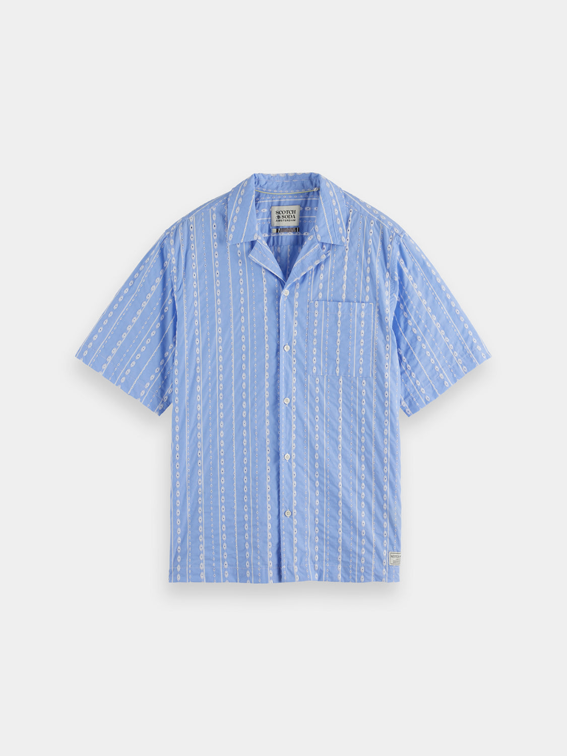 Embroidered Scotch & Soda short-sleeve shirt with colorful floral patterns and button-front design.