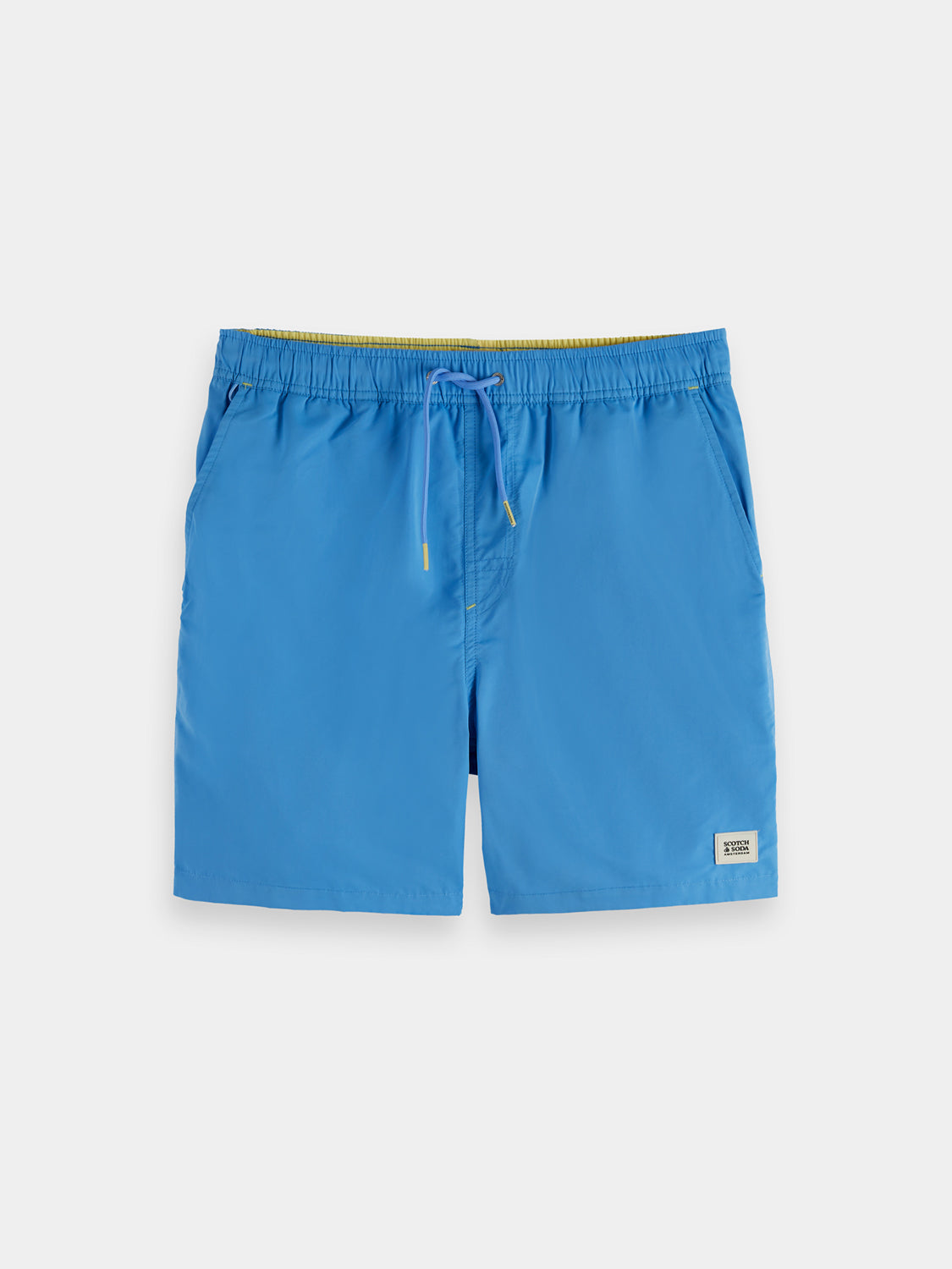 Mid-length Scotch & Soda swimwear shorts in vibrant colors, featuring a relaxed fit and elastic waistband.