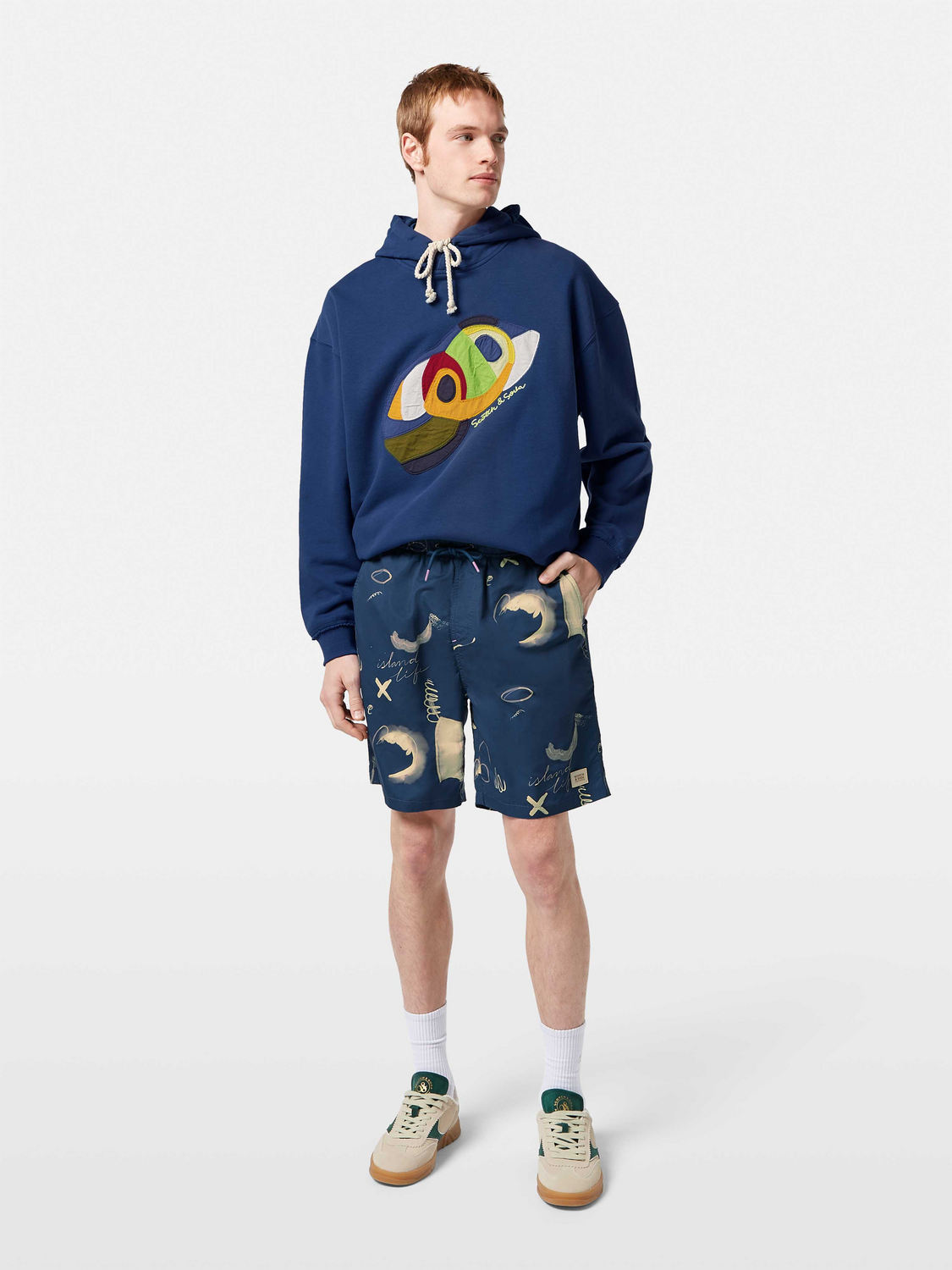 Printed swimshorts by Scotch & Soda featuring vibrant patterns, quick-drying fabric, and a comfortable fit for beach or pool.