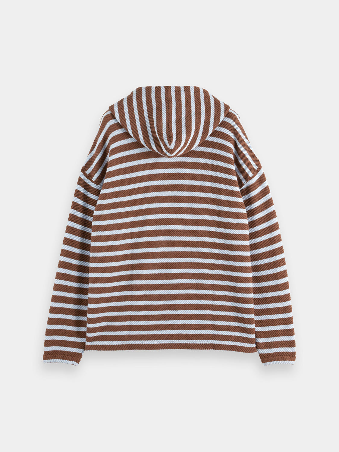 Striped terry hoodie from Scotch & Soda, a casual sweats top with bold stripe pattern and hood, shown from the back.