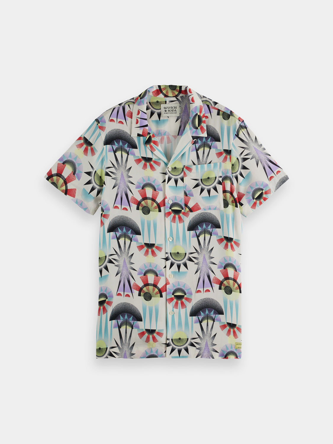 Printed short-sleeved shirt by Scotch & Soda featuring vibrant patterns and casual fit, displayed on a hanger.