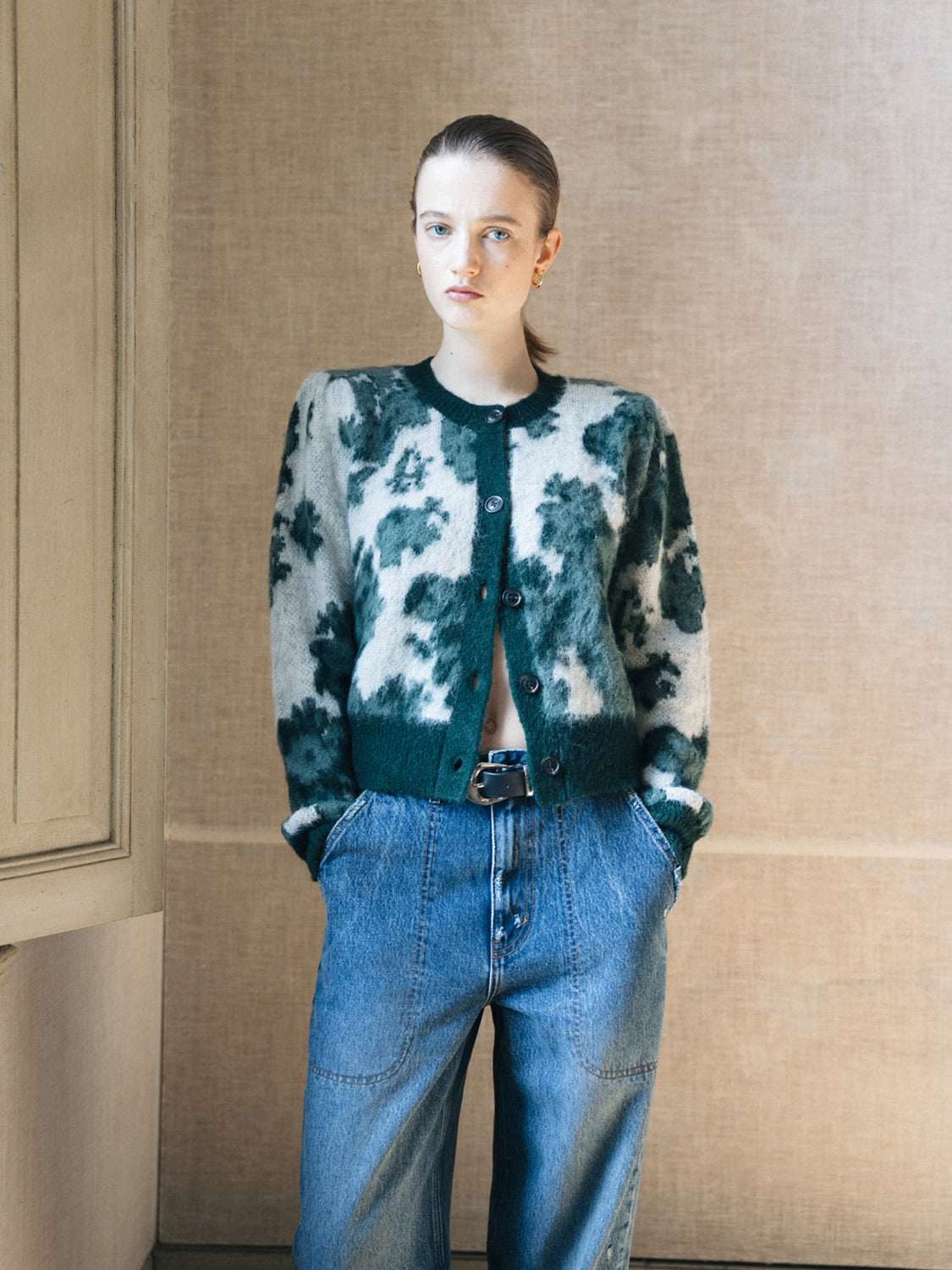 Jacquard crewneck cardigan