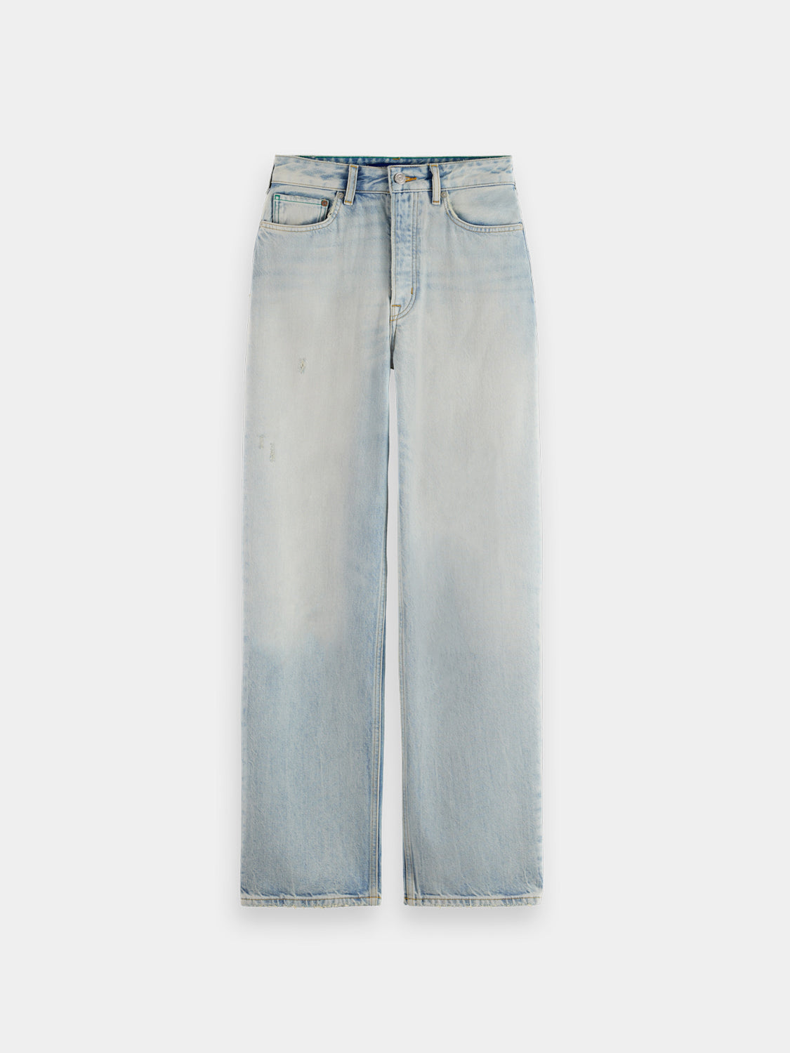 Scotch & Soda ripple straight-fit denim jeans shown from the front, featuring classic five-pocket design and light wash.