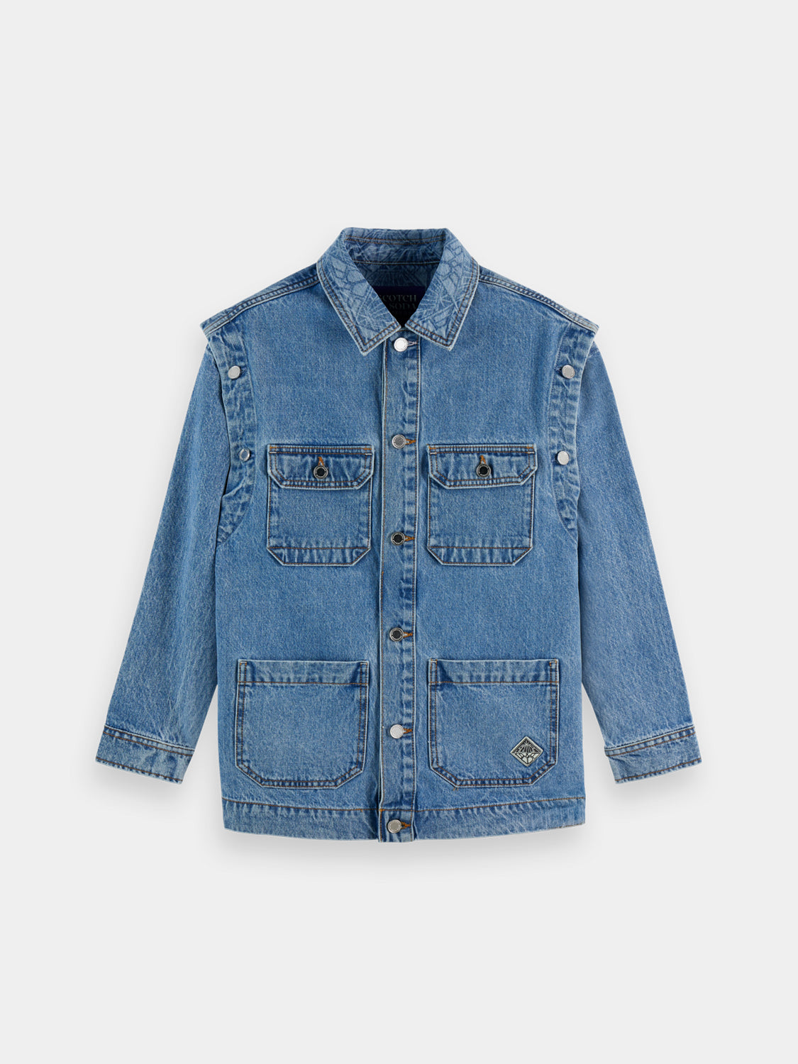 Washed denim jacket by Scotch & Soda displayed on a hanger, showing classic light blue color and casual style.