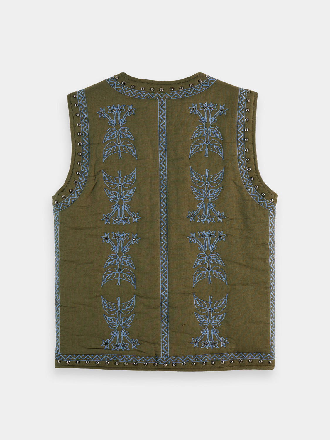 Floral embroidered Scotch & Soda inbetween gilet with intricate embroidery and lightweight fabric, front view.