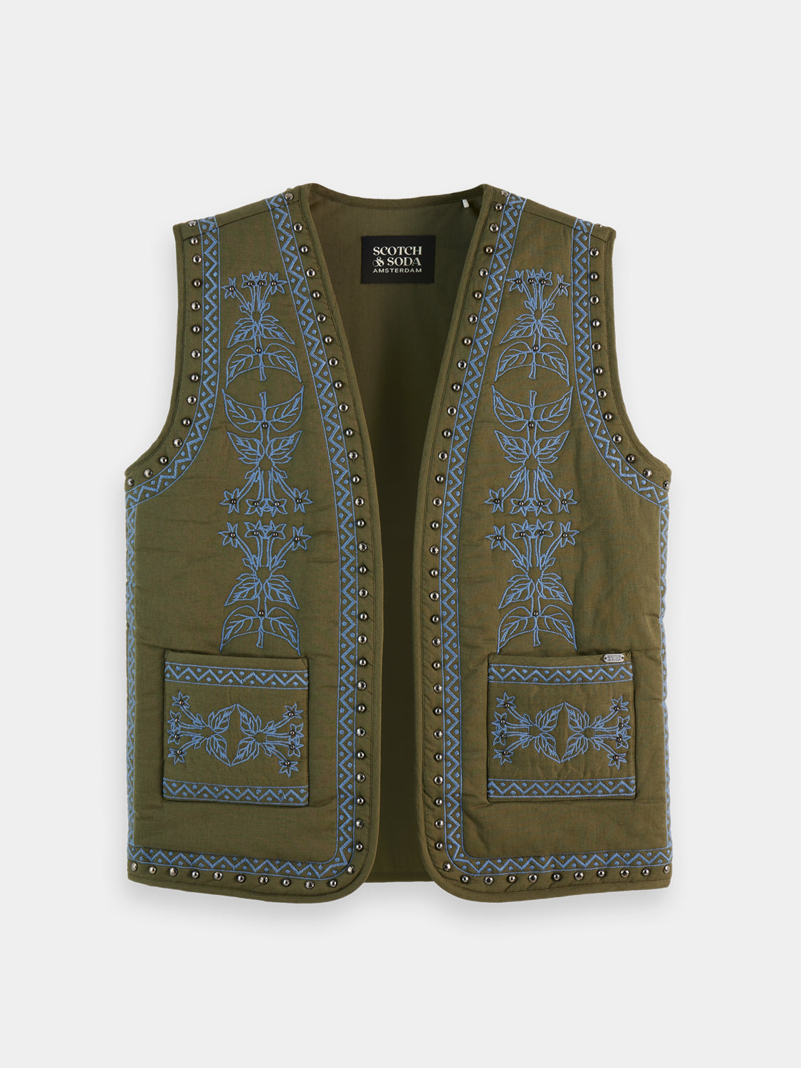 Floral embroidered Scotch & Soda inbetween gilet with intricate embroidery and lightweight fabric, displayed on a neutral background.