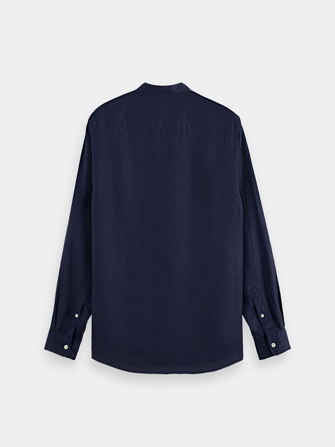 Long sleeve collarless linen shirt by Scotch & Soda, showing the back view with relaxed fit and lightweight fabric.