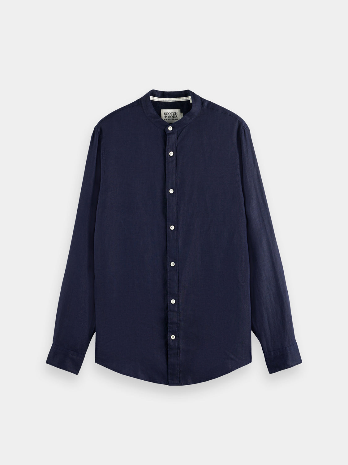 Long sleeve collarless linen shirt by Scotch & Soda, shown in a natural fabric texture and relaxed fit style.