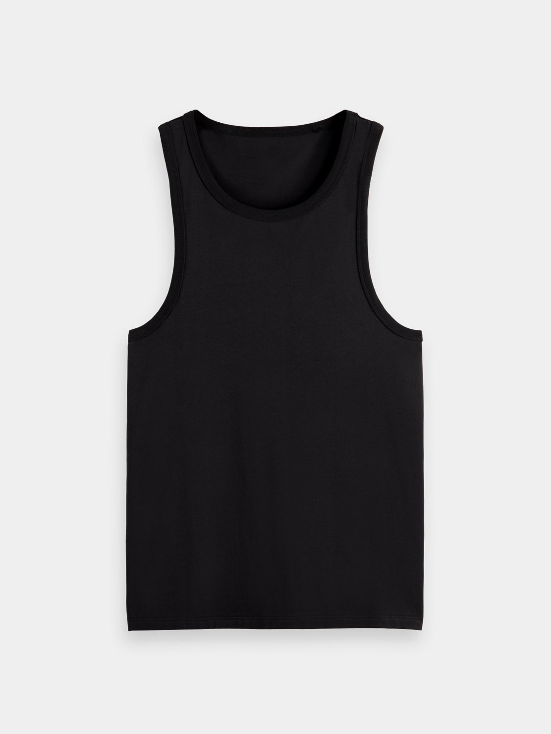 Black Scotch & Soda racer tank top with sleeveless design and crew neckline, displayed flat against a white background.