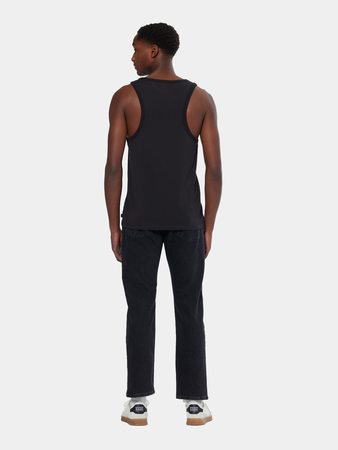 Scarlet red Scotch & Soda racer tank top for men, sleeveless design with a relaxed fit, back view image.