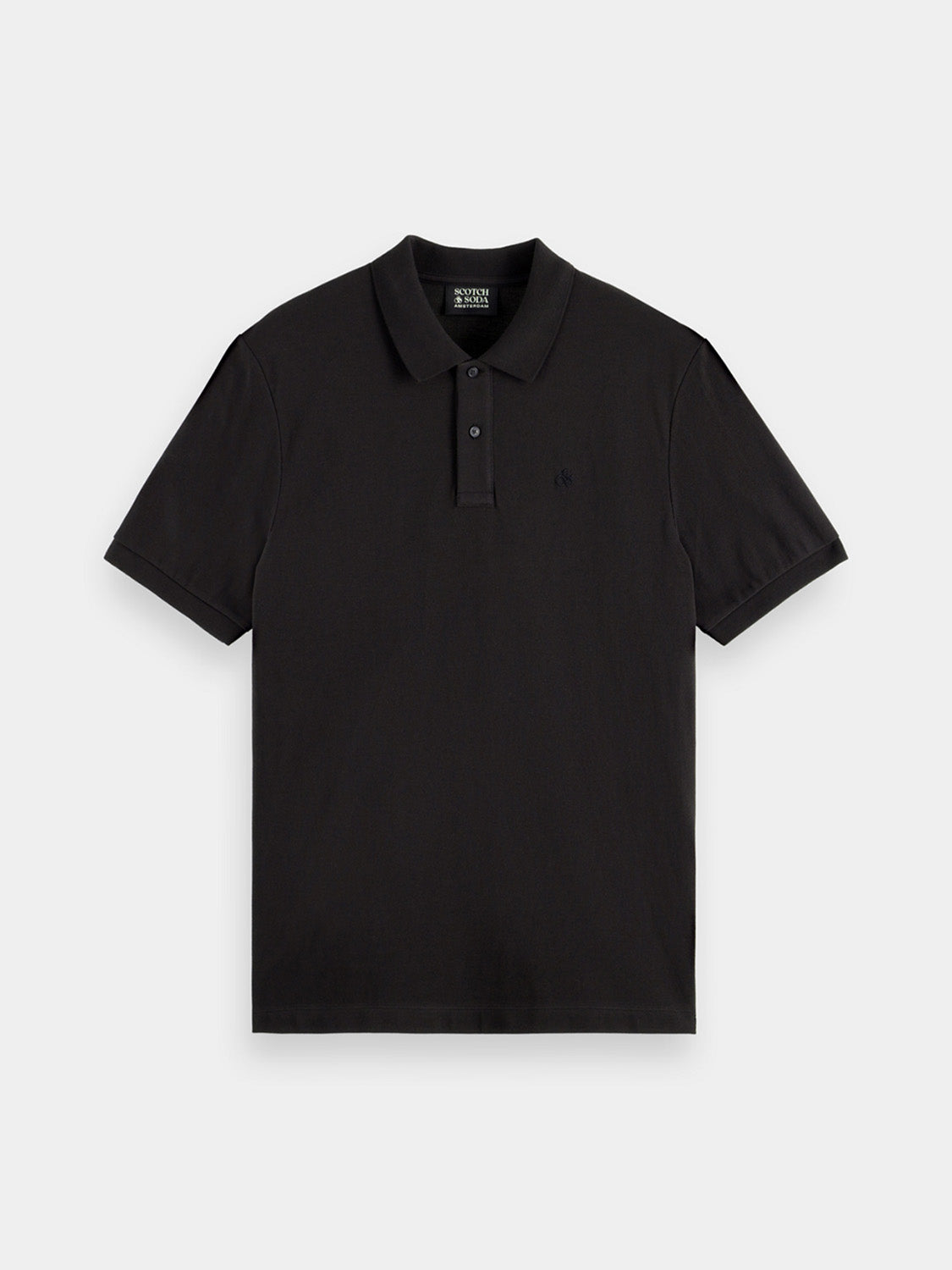 Navy Scotch & Soda logo pique polo shirt with a classic collar and short sleeves, displayed flat against a white background.