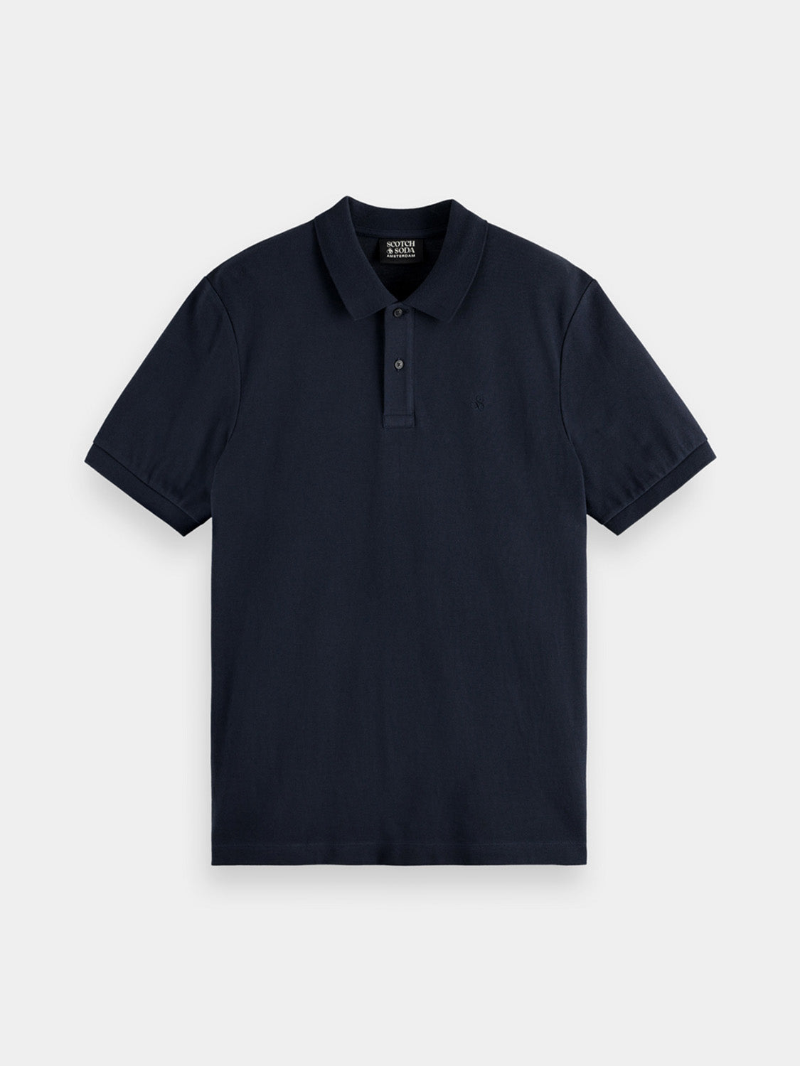 Scotch & Soda logo pique polo shirt in navy with embroidered branding and classic collar, front view.