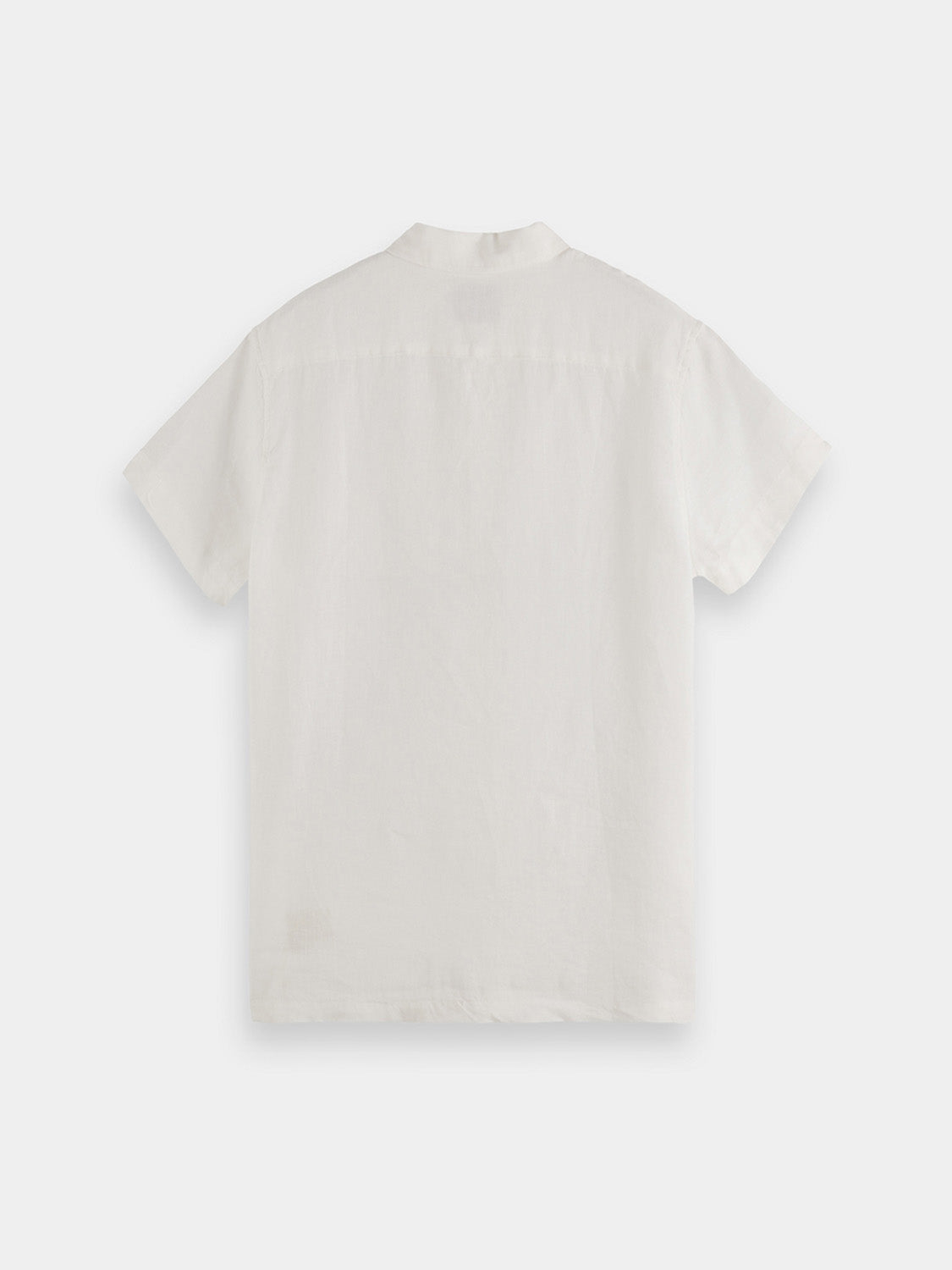 Back view of a Scotch & Soda short-sleeved linen shirt with a relaxed fit and natural beige color.