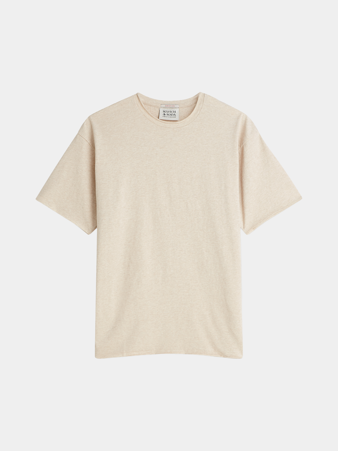 Raw-edged Scotch & Soda short sleeve t-shirt with casual fit, shown in natural fabric and design details.