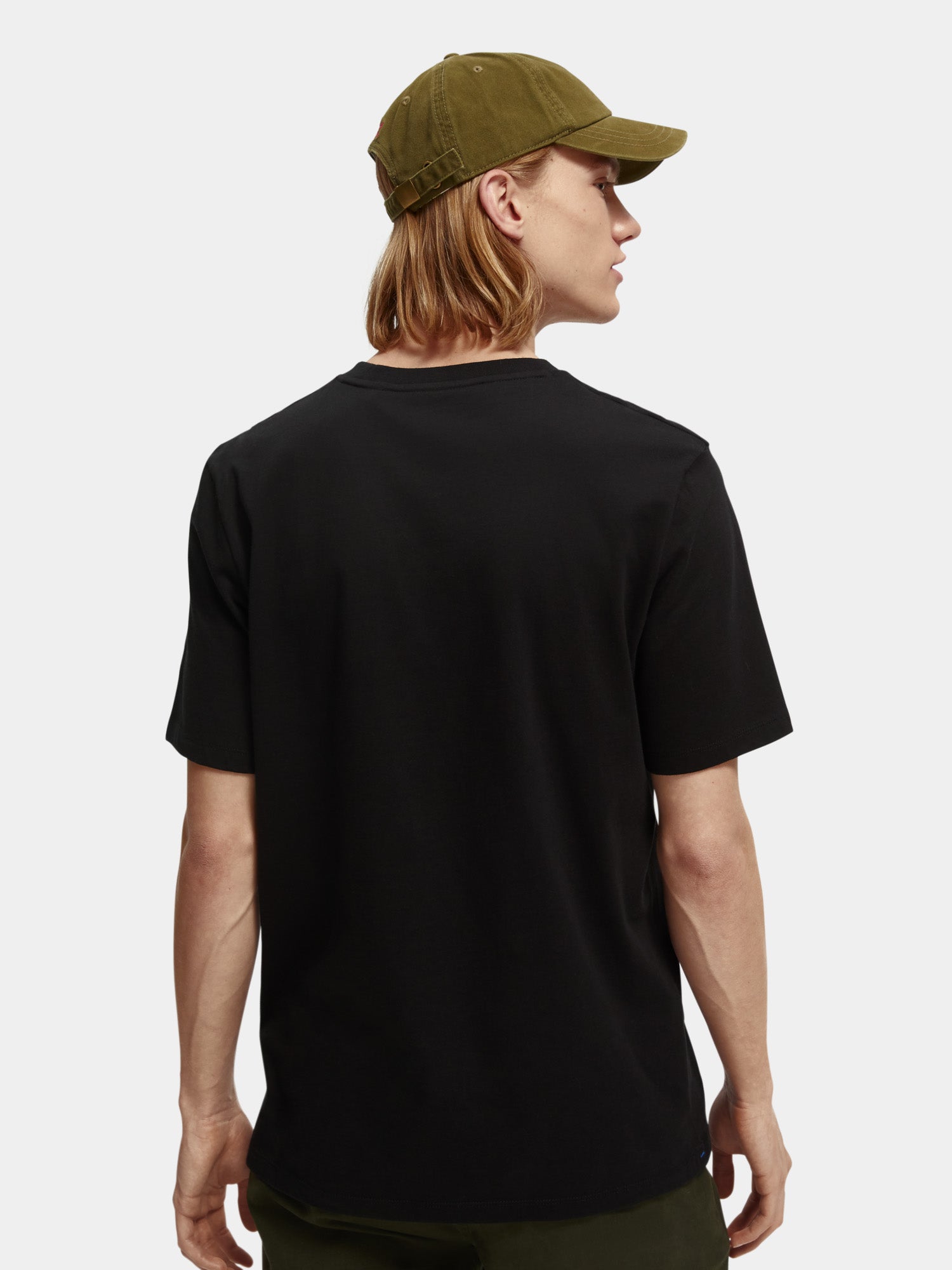 Front view of a Scotch & Soda men's short sleeve jersey T-shirt in a neutral color, displayed on a hanger.