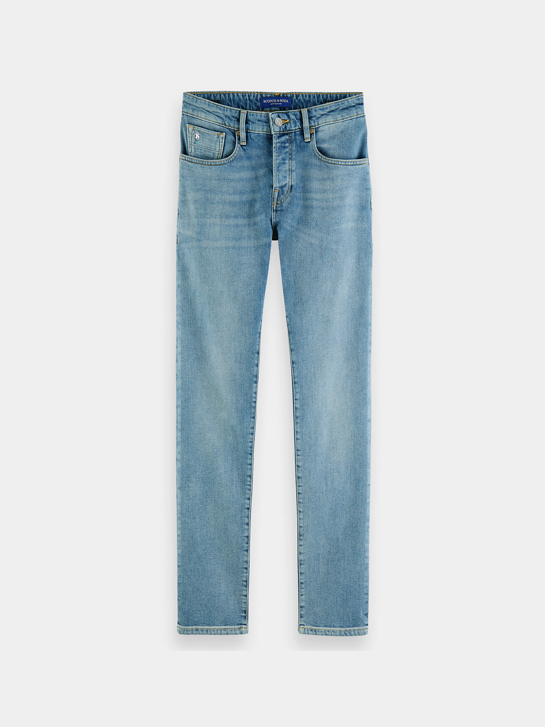Scotch & Soda Ralston slim fit denim jeans in classic blue with stitching details and five-pocket design.