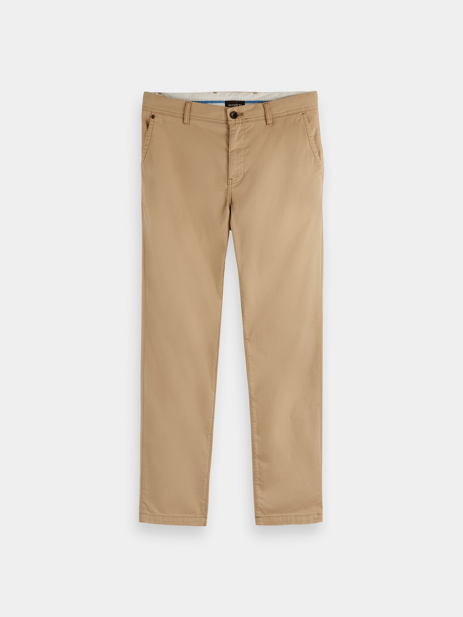 Slim fit Scotch & Soda chinos pants in a neutral color, shown flat with front pockets and belt loops.
