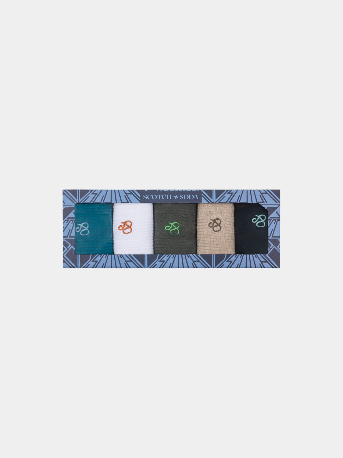 Five-pack crew socks box set by Scotch & Soda featuring colorful, comfortable crew socks with stylish patterns and branding.
