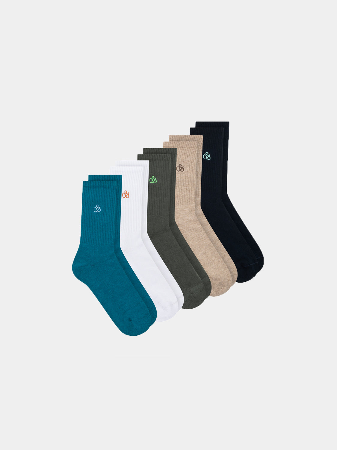 Set of five SCOTCH & SODA crew socks in various colors, displayed in a box set for men's casual wear.
