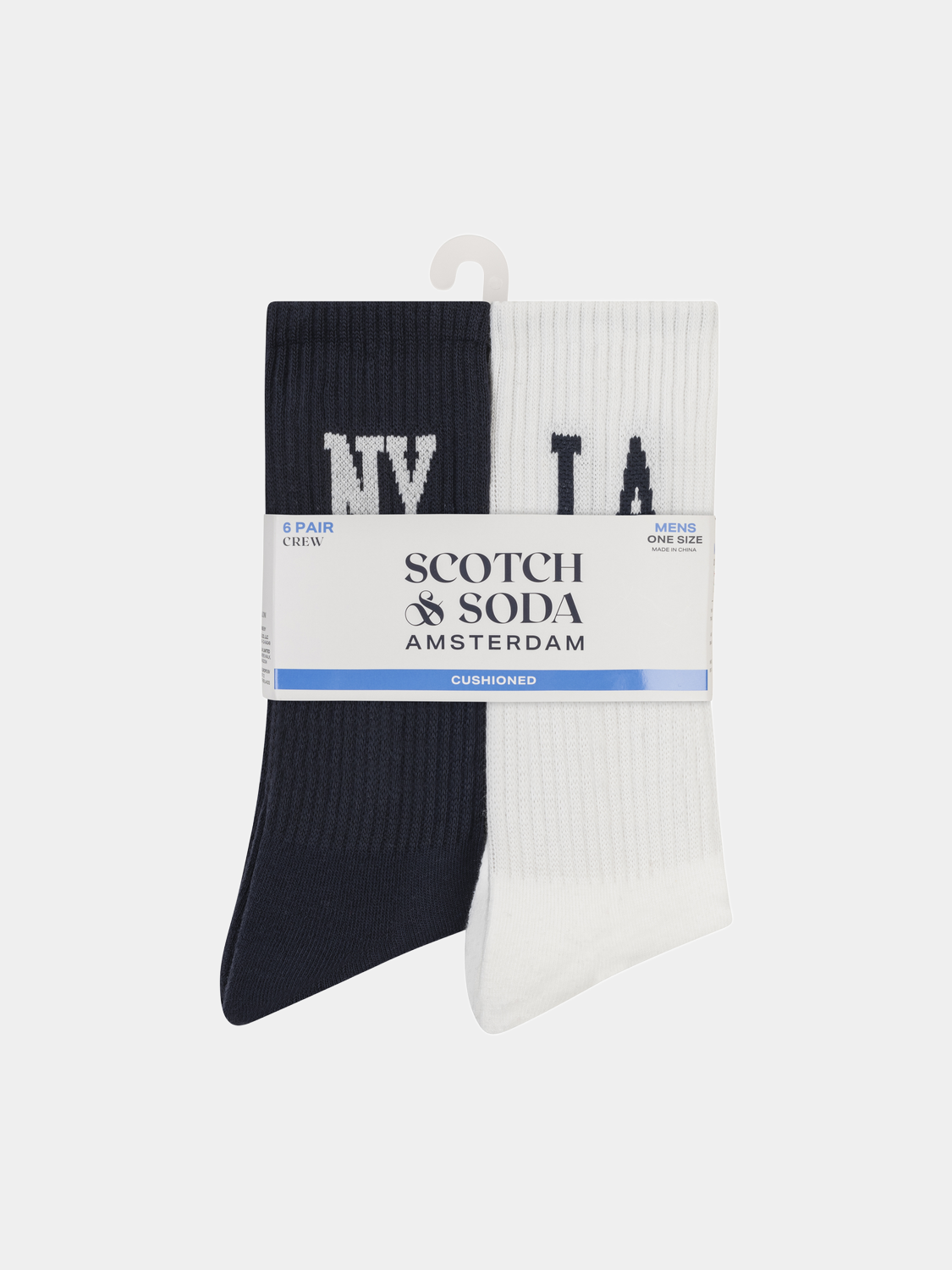 Six-pack of Scotch & Soda crew socks featuring colorful striped and solid designs, soft knit fabric, and comfortable fit.