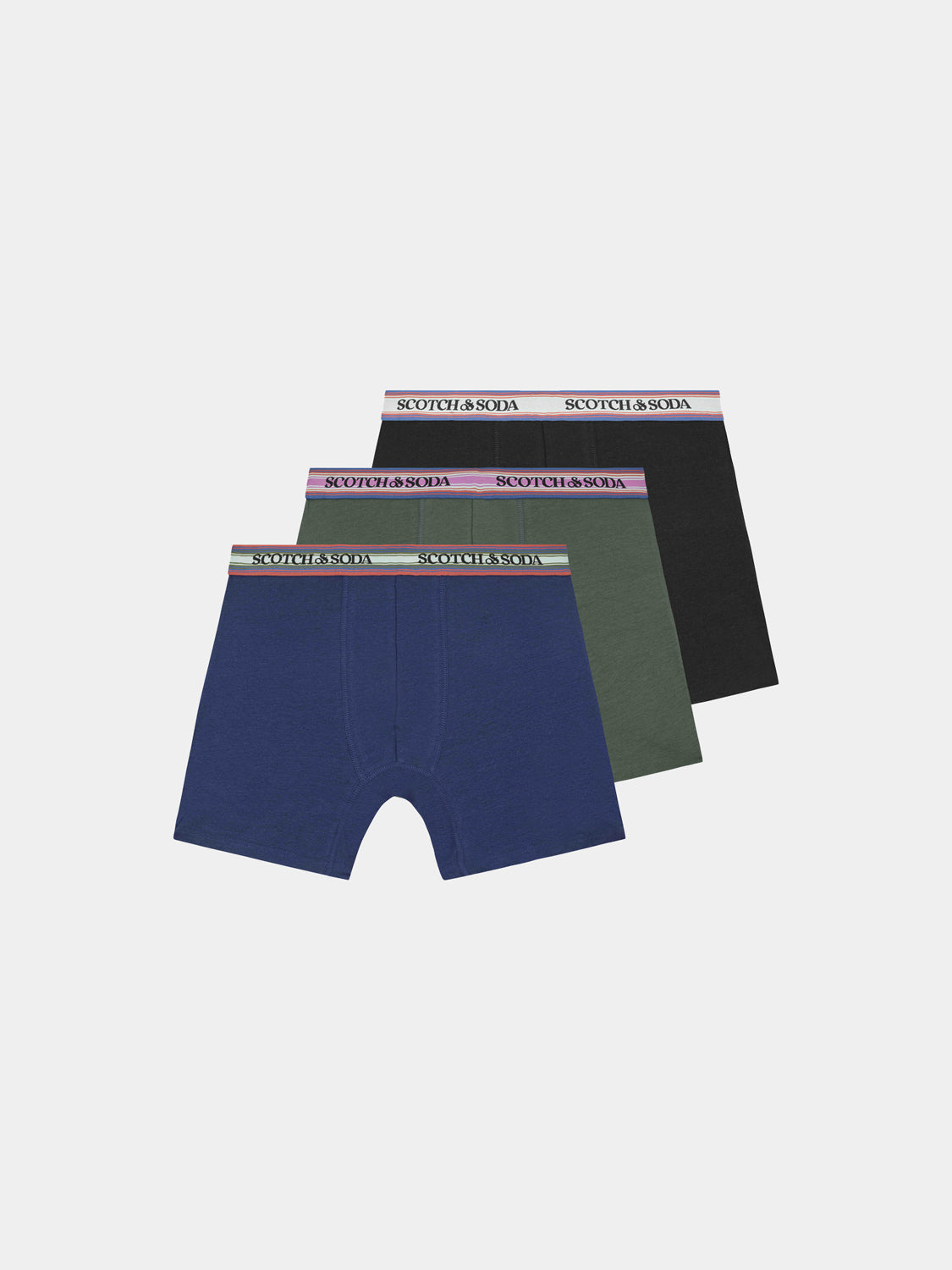 Three-pack boxer briefs from Scotch & Soda, showcasing comfortable underwear with colorful patterns and soft fabric.